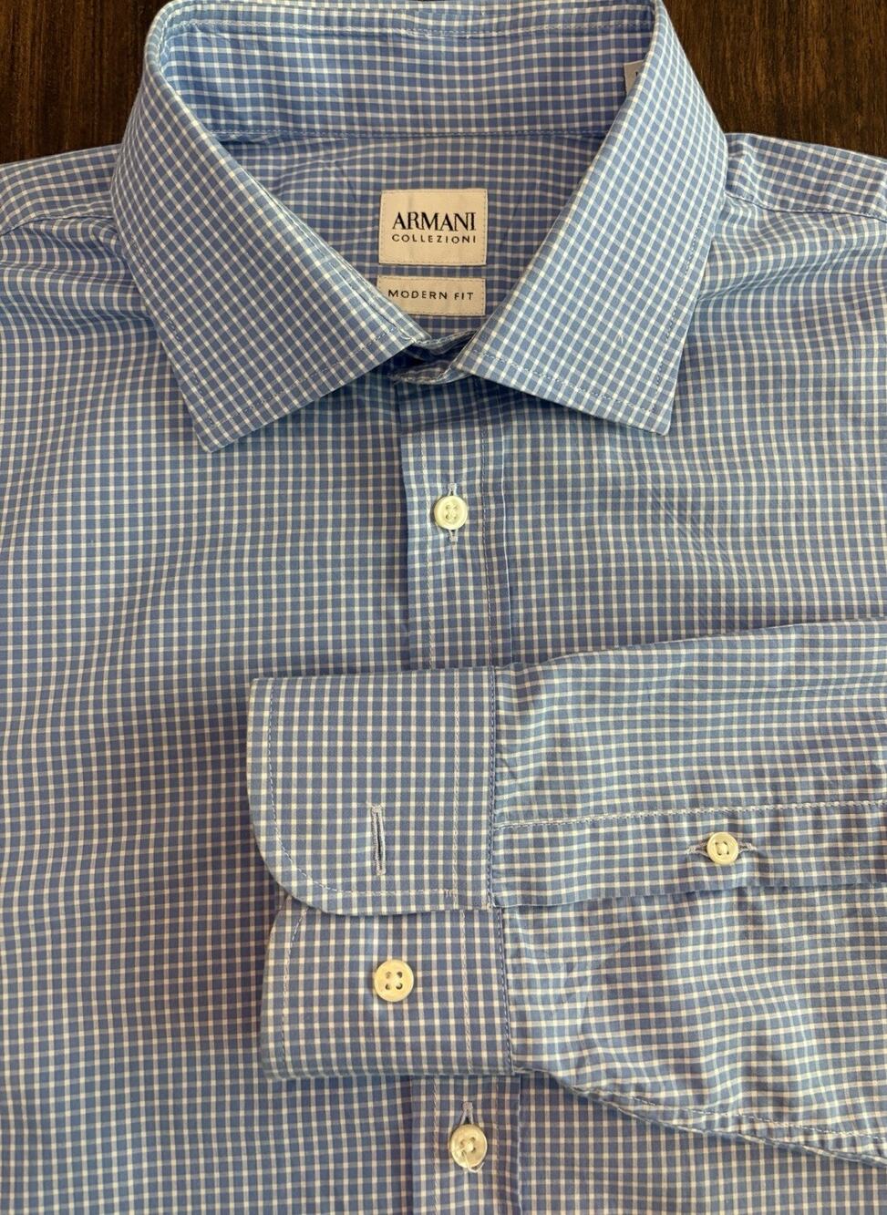V-8 Armani Collezioni Modern Fit Blue Check Dress Shirt 41 16 Italy Luxury